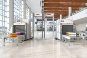 Baggage and body scanners at an airport.