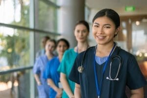 A group of nurses standing in a line in front of a window