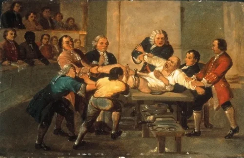 A 19th century painting of a surgery theater with several men trying to hold down a patient